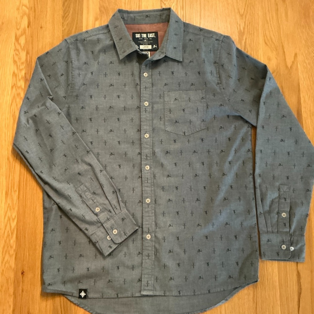 Ski The East Men's Large Blue/Gray Pattern Long Sleeve Button-Down Shirt‎